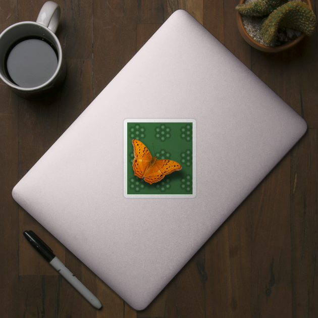 Beautiful orange butterfly on green pattern background by hereswendy